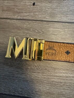 MCM Brown Logo Leather Belt with Gold M Buckle